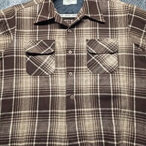 Vintage JCPenney MW Flannel Shirt L 16-16.5 Brown Tan Plaid Wool Blend Korea‎